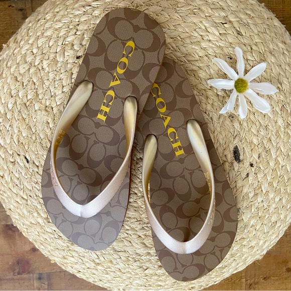 COACH ⭐️NWOT Slip On Sandals in Gold + Brown - Picture 3 of 8